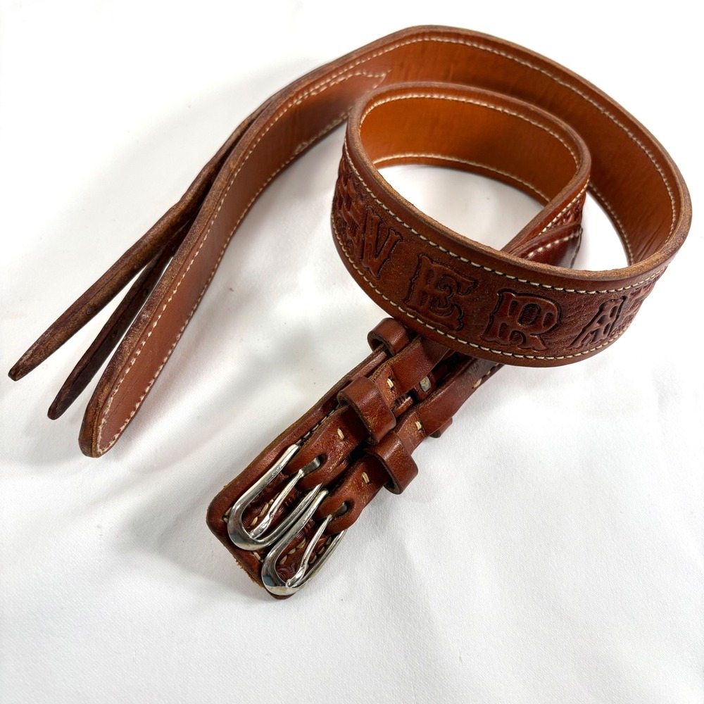 Handmade Leather Belt Brown Tooled Basketweave Vera Double Buckle 45 Inch